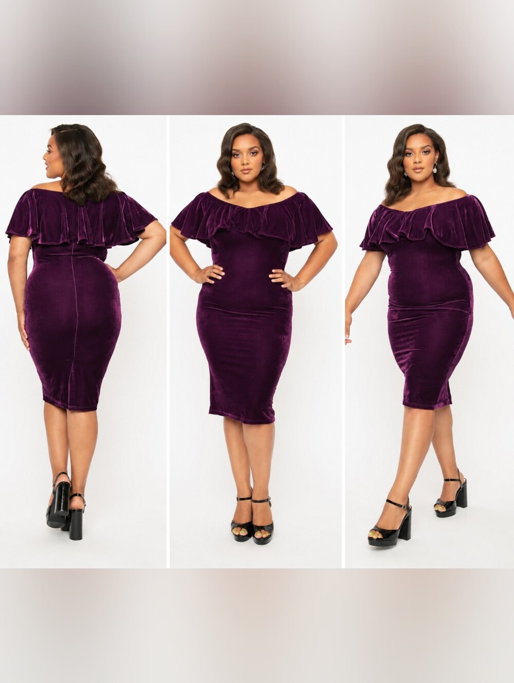 Unique Vintage Sophia Wiggle Dress Plum Purple Velvet 2X 18 Ruffle